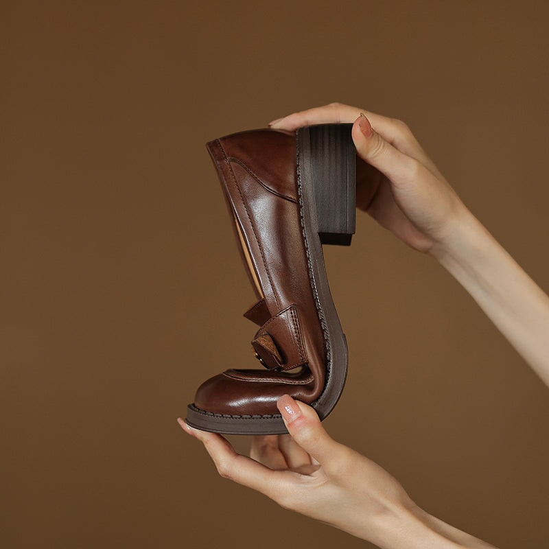 Vintage Round Toe Cow Leather Penny Loafers with Metal Camellia Design in Brown/Black - Image 4