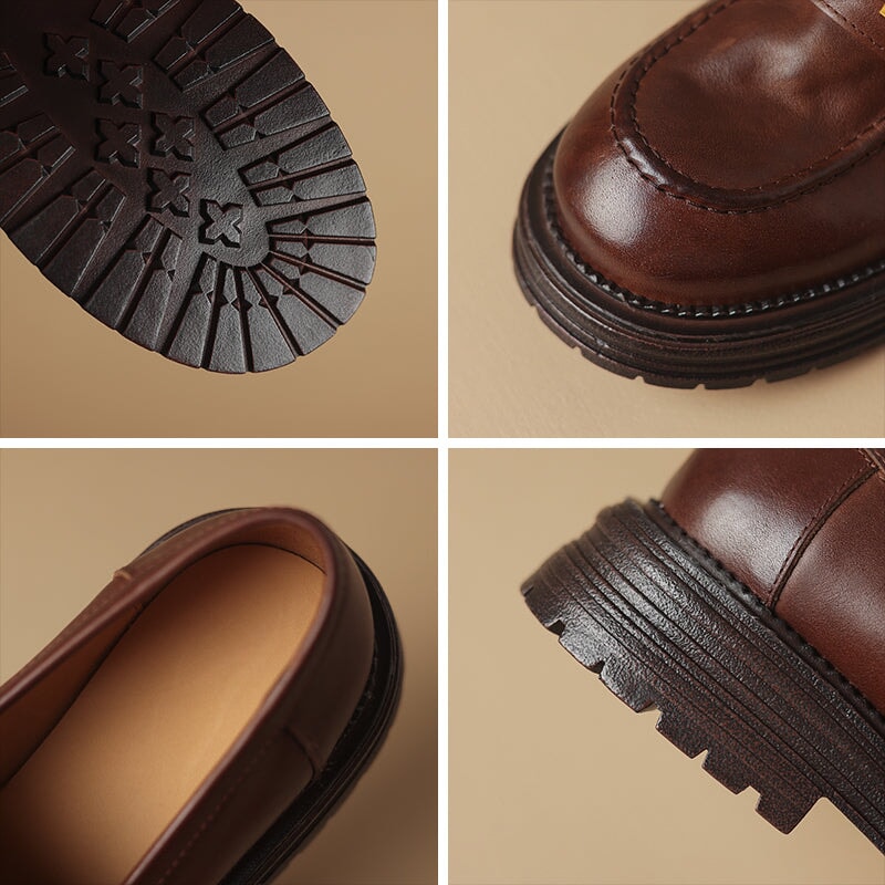 Vintage Horsebit Leather Penny Loafers for Women Slip-On Platform Shoes in Dark Brown/Dark Khaki - Image 12