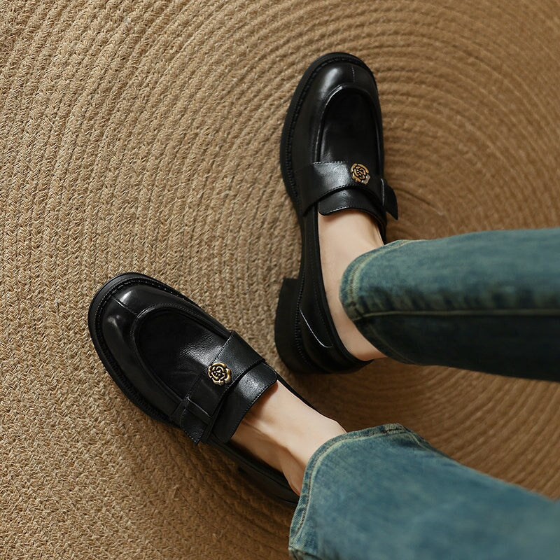 Vintage Round Toe Cow Leather Penny Loafers with Metal Camellia Design in Brown/Black - Image 6