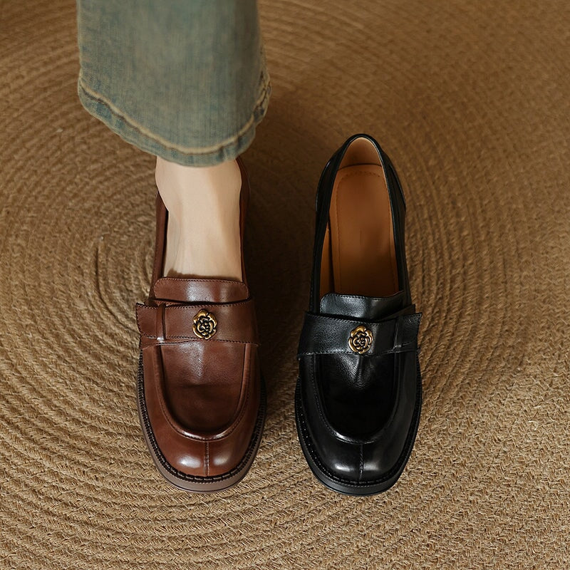 Vintage Round Toe Cow Leather Penny Loafers with Metal Camellia Design in Brown/Black - Image 3