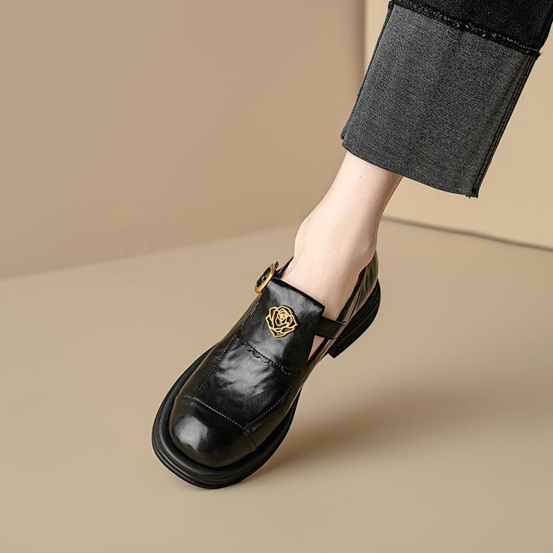 Handmade Leather Round Toe Loafers For Women In Black/Coffee - Image 4