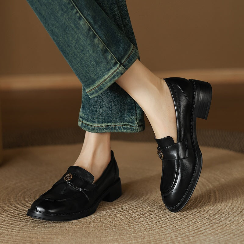 Vintage Round Toe Cow Leather Penny Loafers with Metal Camellia Design in Brown/Black - Image 2