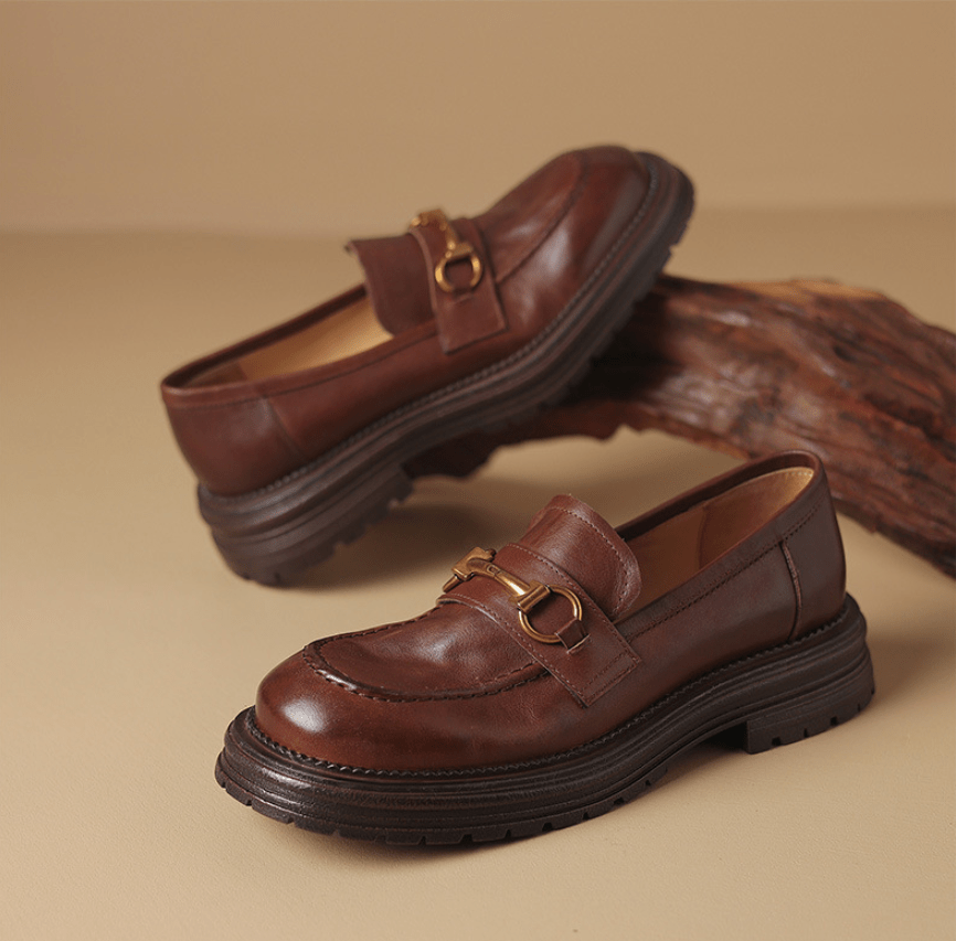 Vintage Horsebit Leather Penny Loafers for Women Slip-On Platform Shoes in Dark Brown/Dark Khaki