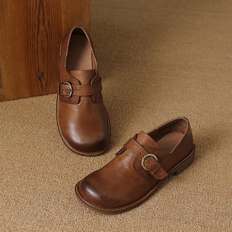 Preppy Style Womens Soft Leather Monk Strap Loafers in Black/Brown - Image 7