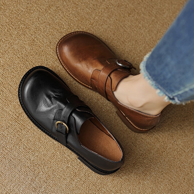 Preppy Style Womens Soft Leather Monk Strap Loafers in Black/Brown - Image 5