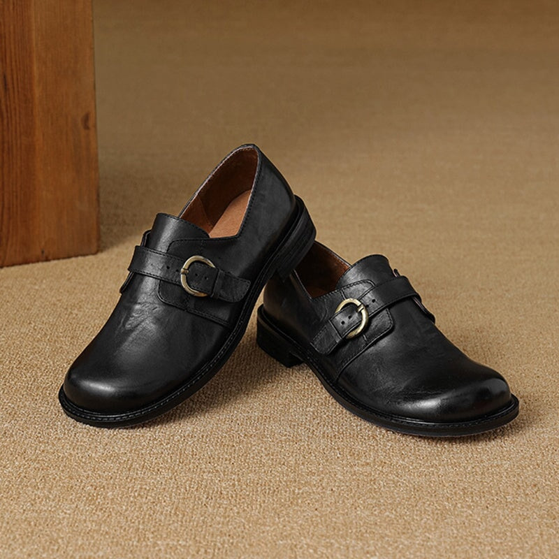 Preppy Style Womens Soft Leather Monk Strap Loafers in Black/Brown - Image 8