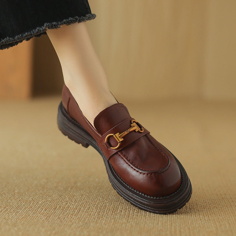 Vintage Horsebit Leather Penny Loafers for Women Slip-On Platform Shoes in Dark Brown/Dark Khaki - Image 6