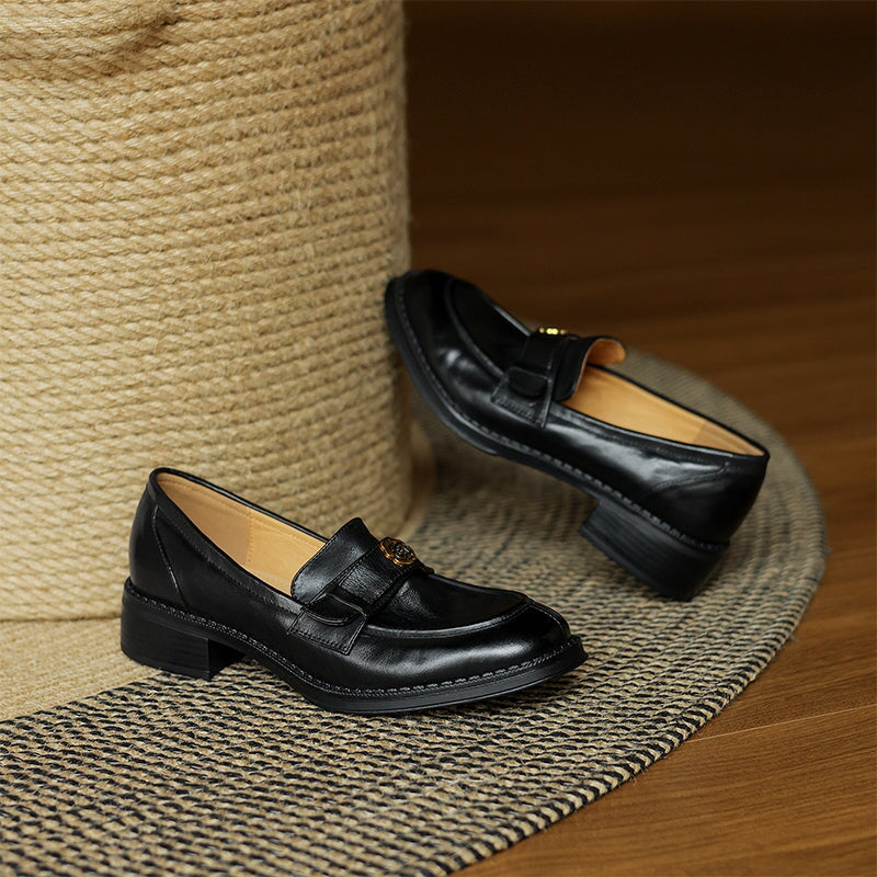 Vintage Round Toe Cow Leather Penny Loafers with Metal Camellia Design in Brown/Black - Image 7