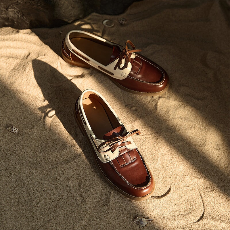 British Style Leather Boat Shoes for Women Contrast Color Lace-Up Loafers in Black/Brown - Image 7