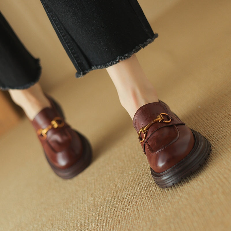 Vintage Horsebit Leather Penny Loafers for Women Slip-On Platform Shoes in Dark Brown/Dark Khaki - Image 7