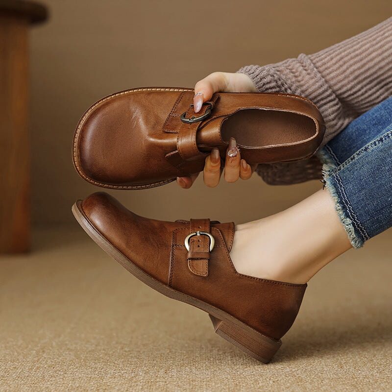 Preppy Style Womens Soft Leather Monk Strap Loafers in Black/Brown - Image 3