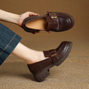 Women’s Vintage Chunky Loafers Cow Leather Buckle Platform Shoes in Black/Brown