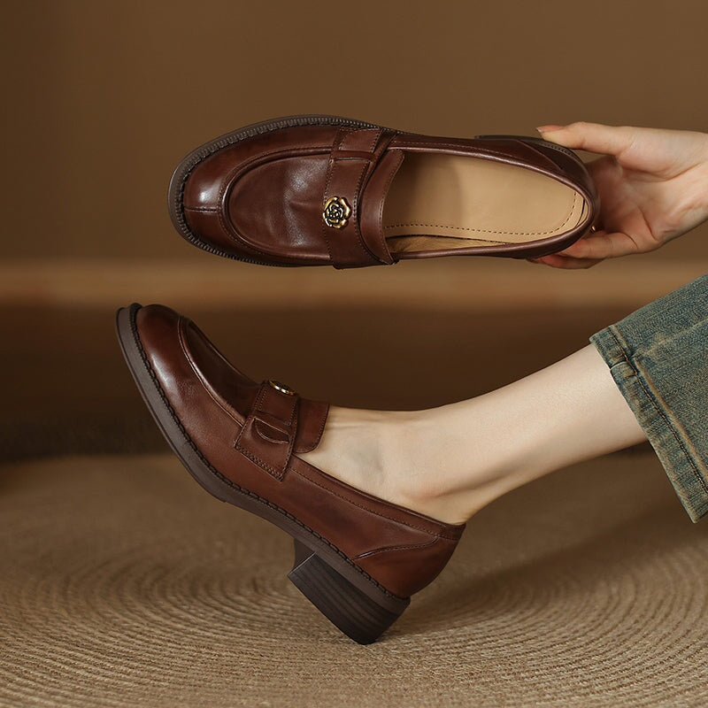 Vintage Round Toe Cow Leather Penny Loafers with Metal Camellia Design in Brown/Black