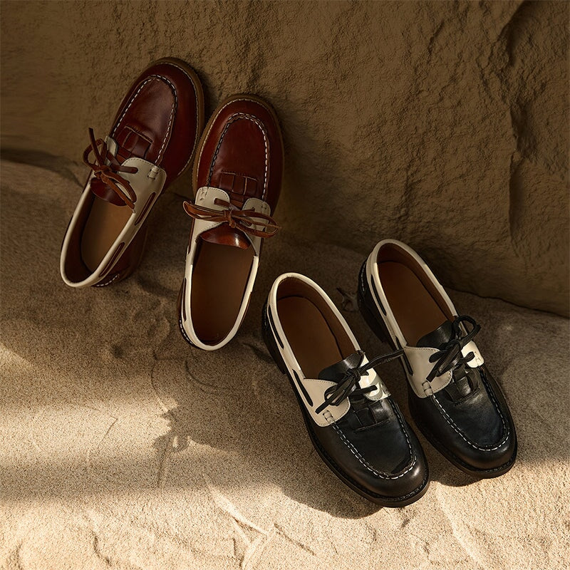 British Style Leather Boat Shoes for Women Contrast Color Lace-Up Loafers in Black/Brown
