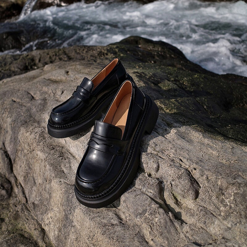 Round Toe Leather Penny Loafers for Women in Coffee/Black - Image 4