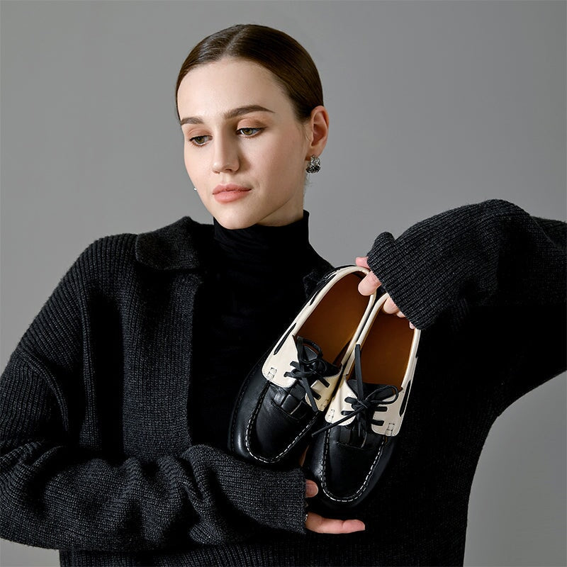 British Style Leather Boat Shoes for Women Contrast Color Lace-Up Loafers in Black/Brown - Image 6