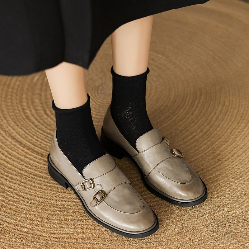 Vintage Leather Monk Strap Loafers Round-Toe Oxford Shoes in Black/Deep Brown/Grey - Image 2
