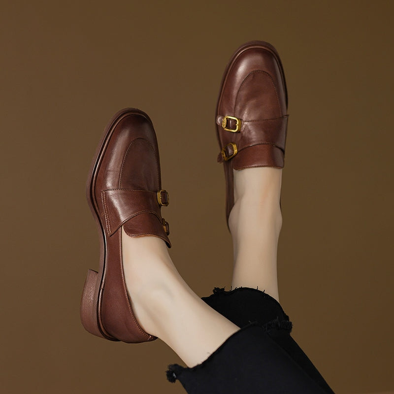 Vintage Leather Monk Strap Loafers Round-Toe Oxford Shoes in Black/Deep Brown/Grey - Image 4