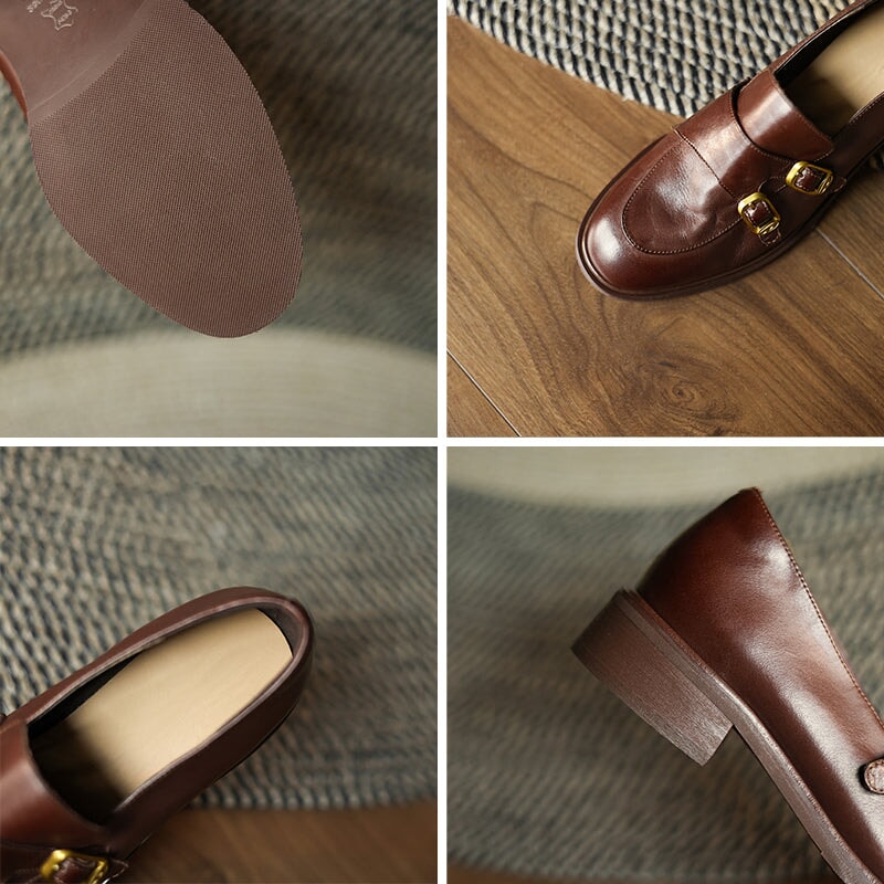 Vintage Leather Monk Strap Loafers Round-Toe Oxford Shoes in Black/Deep Brown/Grey - Image 11