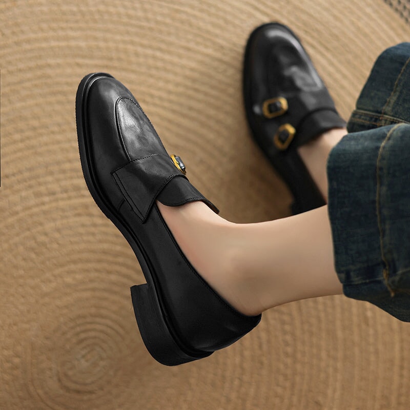 Vintage Leather Monk Strap Loafers Round-Toe Oxford Shoes in Black/Deep Brown/Grey - Image 3
