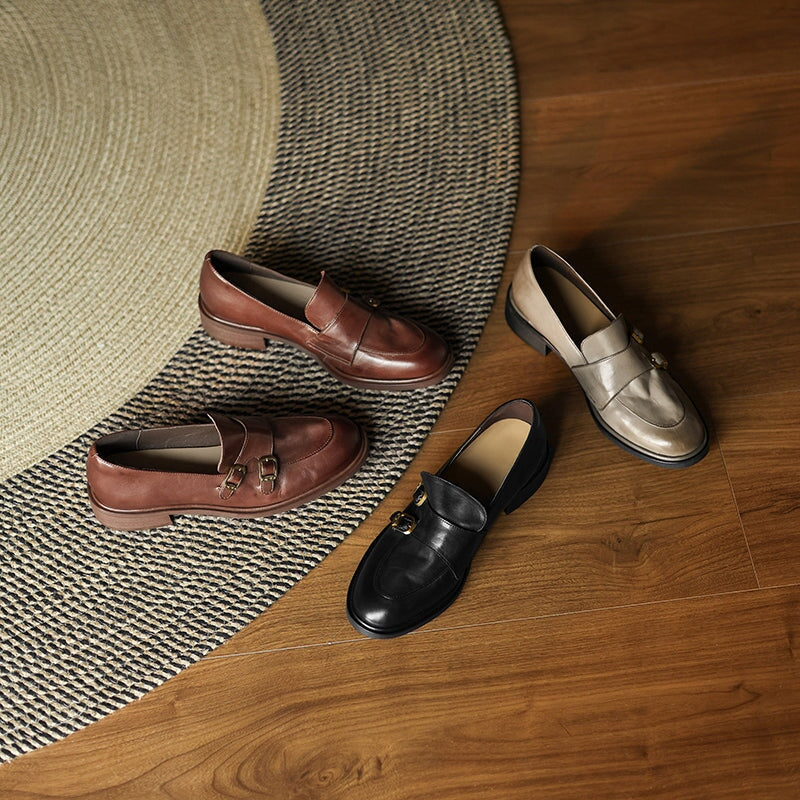 Vintage Leather Monk Strap Loafers Round-Toe Oxford Shoes in Black/Deep Brown/Grey - Image 10