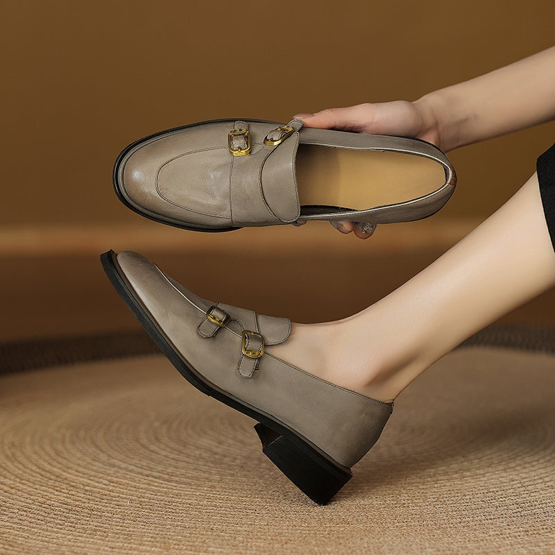 Vintage Leather Monk Strap Loafers Round-Toe Oxford Shoes in Black/Deep Brown/Grey - Image 5