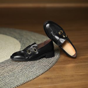 Vintage Leather Monk Strap Loafers Round-Toe Oxford Shoes in Black/Deep Brown/Grey