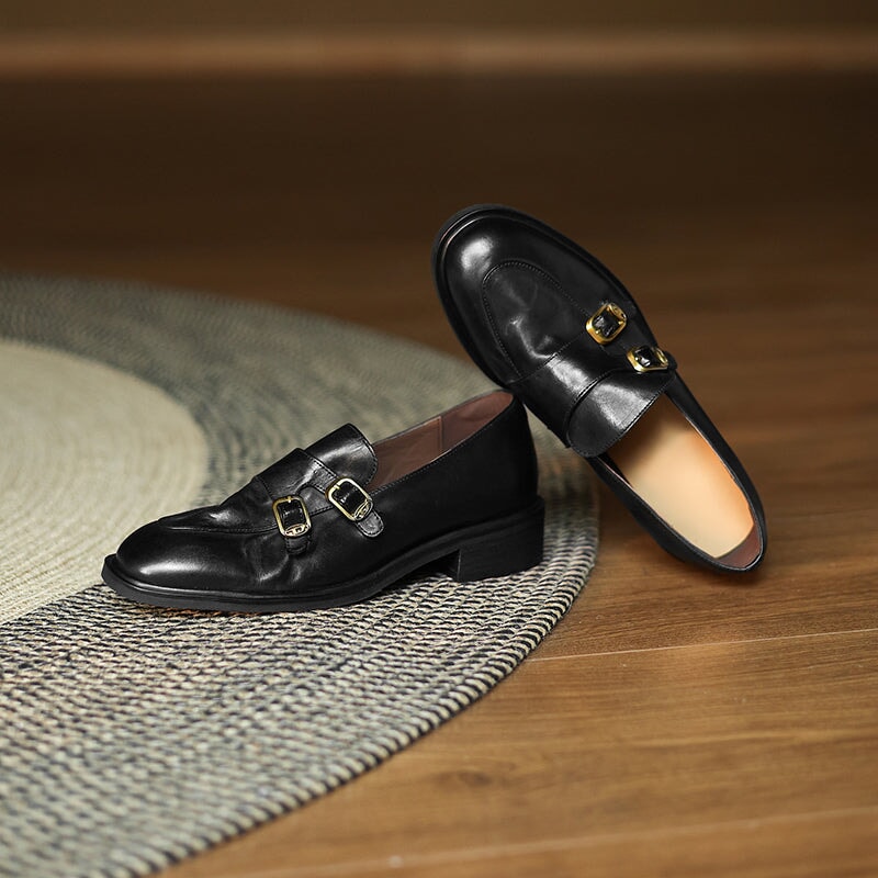 Vintage Leather Monk Strap Loafers Round-Toe Oxford Shoes in Black/Deep Brown/Grey