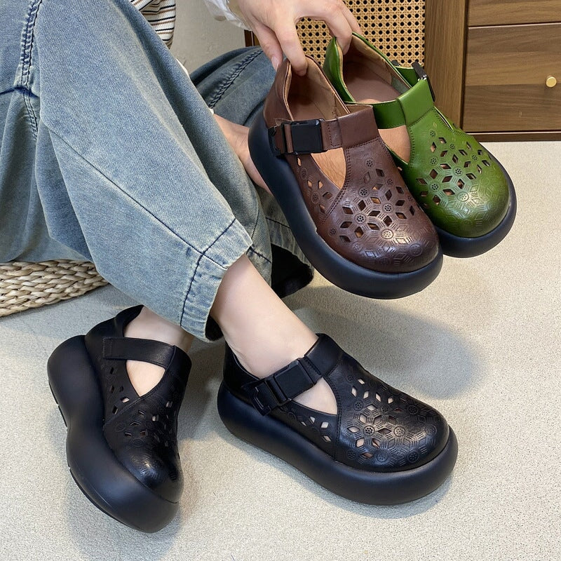 Mori Girl Style Hollow Out Soft Leather T-Strap Platform Shoes for Women with Buckle in Black/Green/Brown - Image 2