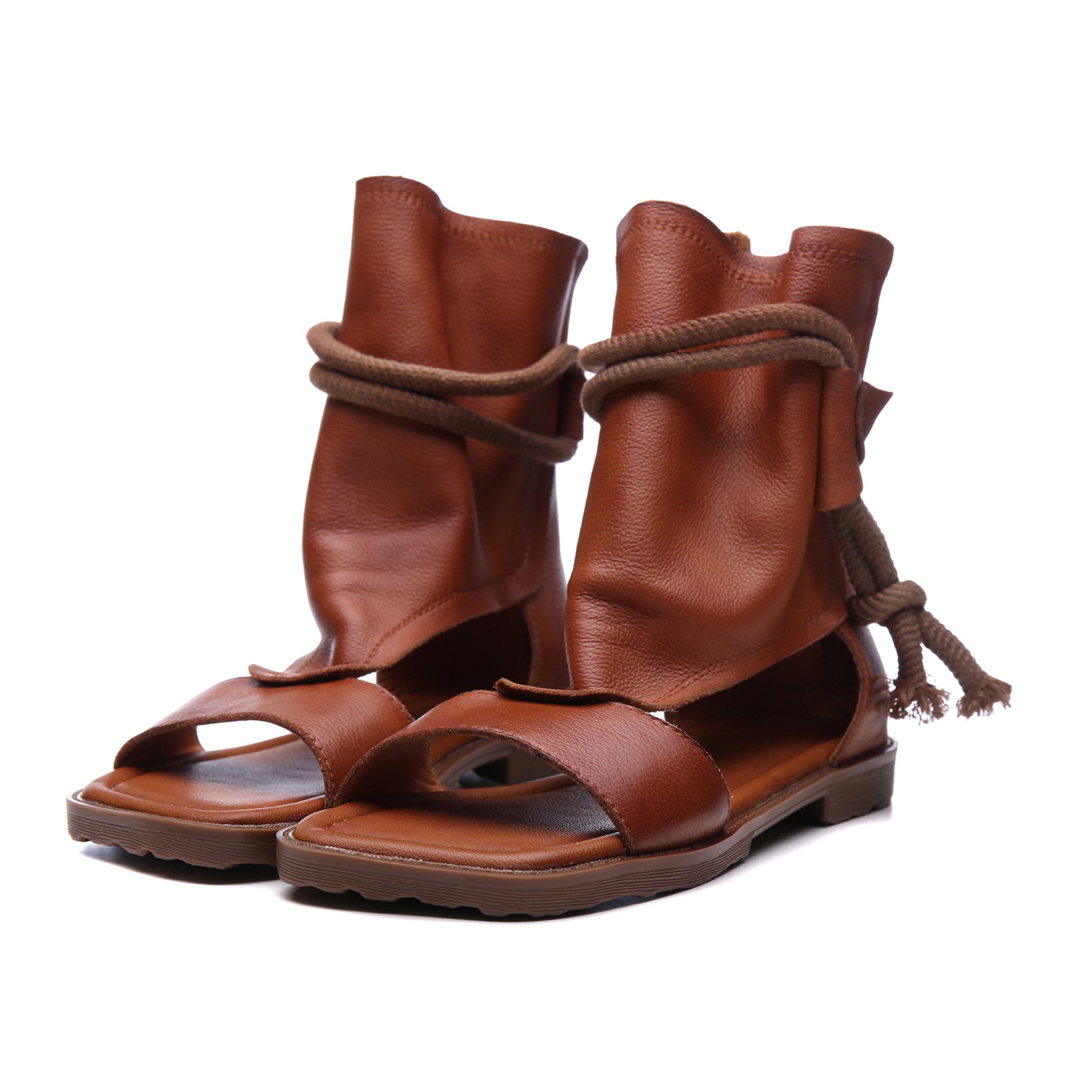 Genuine Leather Strappy Sandals Boots For Women Peep Toe Back Zipper Flat Gladiator Sandals Black/Brown/Coffee - Image 9