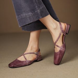 Handmade Vintage Leather Cross Straps Slingback Sandals in Apricot/Purple/Wine Red