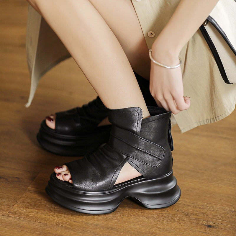 Handmade Leather Light Platform Sandals For Women Mori Girl Style in Black/Brown - Image 3