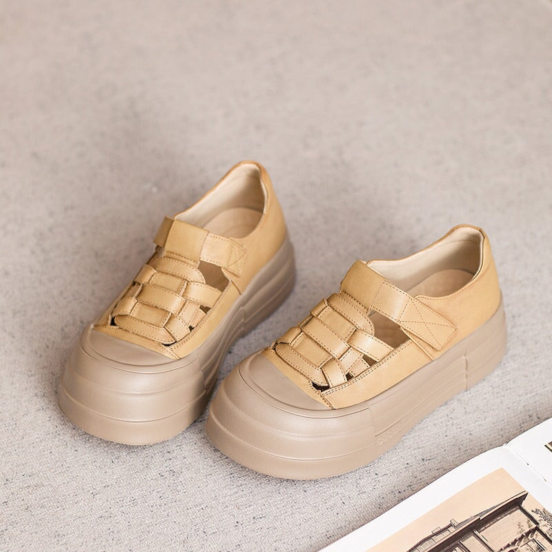 50mm Platform Cow Leather Hollow-Out Roman Fisherman Sandals with Velcro in Beige/Yellow/Green - Image 3