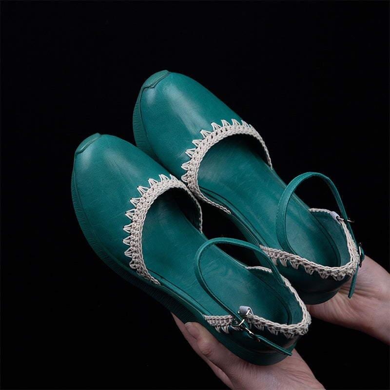 Handmade Cow Leather 90mm Heel Wedge Platform Sandals in White/Blue/Brown - Image 9