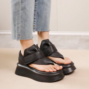 Cow Leather Platform Flip-Flop Sandals with Velcro Strap 55mm Thick Sole in Black