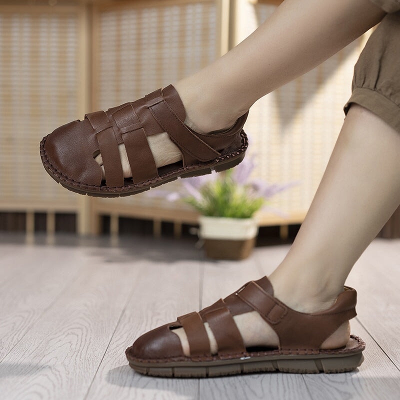 Genuine Leather Gladiator Sandals Summer Breathable Velcro Flat Shoes in Beige/Khaki/Coffee - Image 2