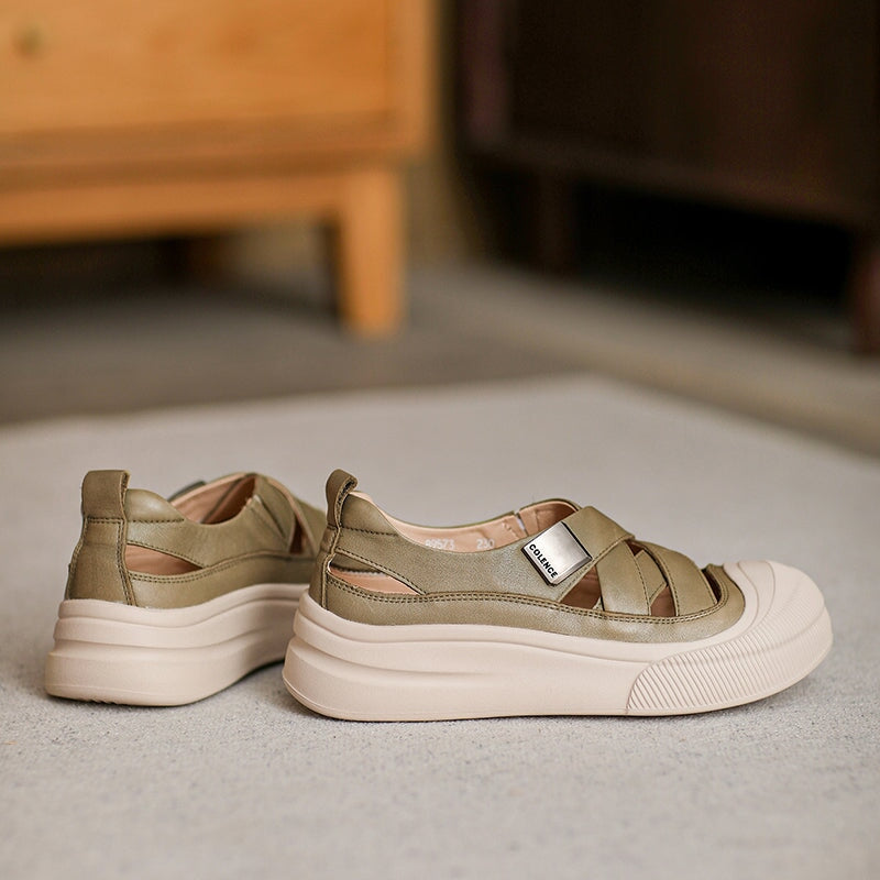 Platform Hollow-Out Low-top Roman Sandals Cow Leather Fisherman Shoes in Beige/Yellow/Green - Image 6