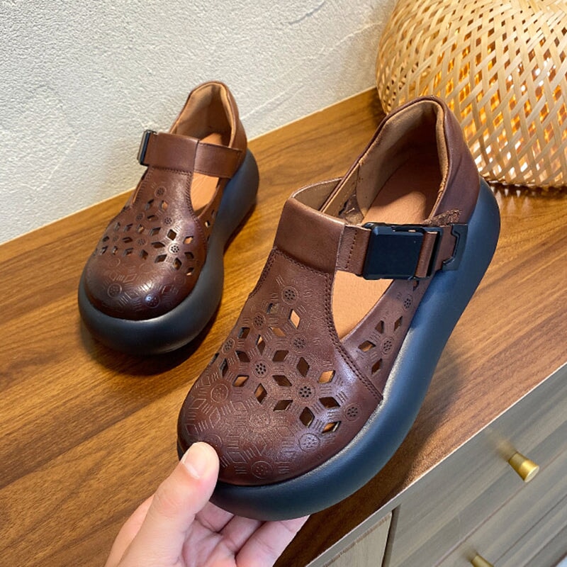 Mori Girl Style Hollow Out Soft Leather T-Strap Platform Shoes for Women with Buckle in Black/Green/Brown - Image 3