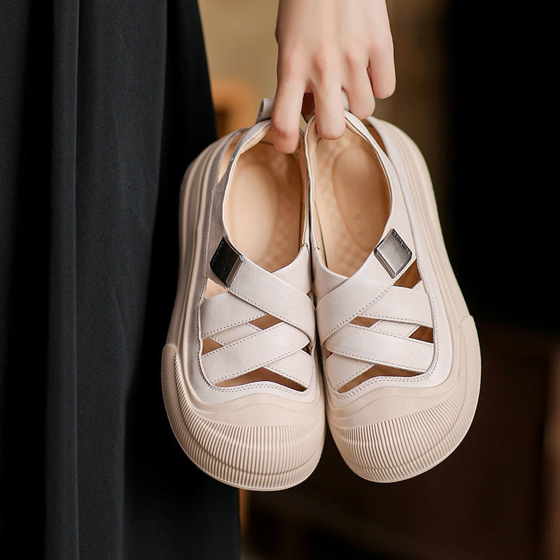 Platform Hollow-Out Low-top Roman Sandals Cow Leather Fisherman Shoes in Beige/Yellow/Green - Image 4