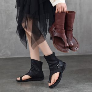 Leather Gladiator Toe Ring Flat Sandals Summer Roman Ankle Boots with Buckle & Back Zipper in Coffee/Black