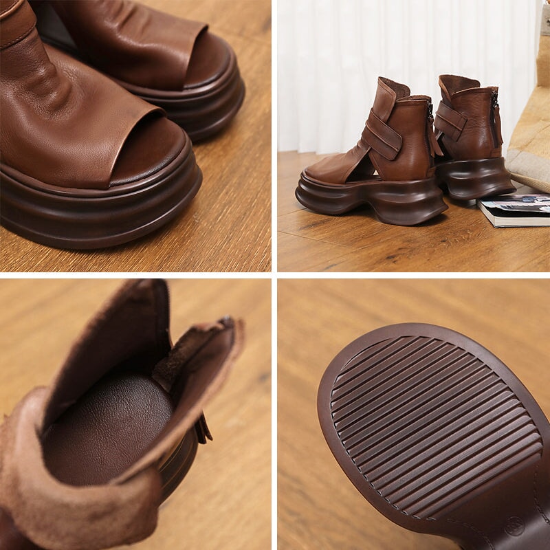 Handmade Leather Light Platform Sandals For Women Mori Girl Style in Black/Brown - Image 7