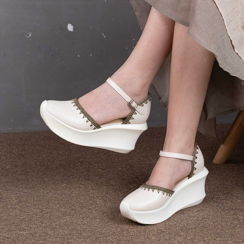 Handmade Cow Leather 90mm Heel Wedge Platform Sandals in White/Blue/Brown - Image 3