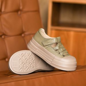 50mm Platform Cow Leather Hollow-Out Roman Fisherman Sandals with Velcro in Beige/Yellow/Green