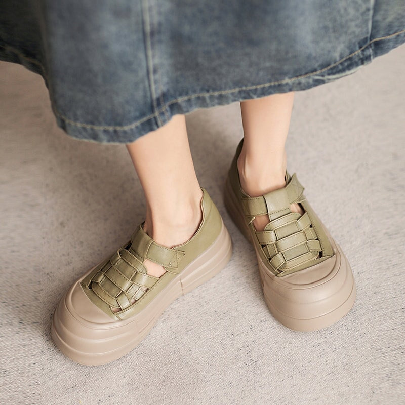 50mm Platform Cow Leather Hollow-Out Roman Fisherman Sandals with Velcro in Beige/Yellow/Green - Image 4