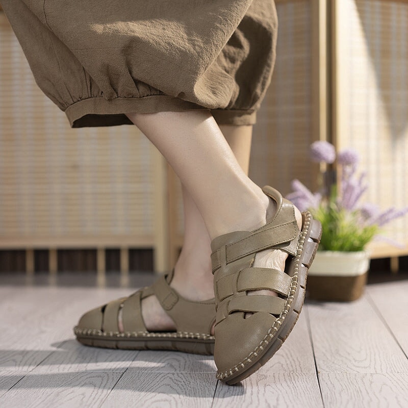 Genuine Leather Gladiator Sandals Summer Breathable Velcro Flat Shoes in Beige/Khaki/Coffee - Image 4