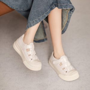 Platform Cow Leather Hollow-Out Roman Fisherman Sandals with Velcro in Beige/Yellow/Taro Color