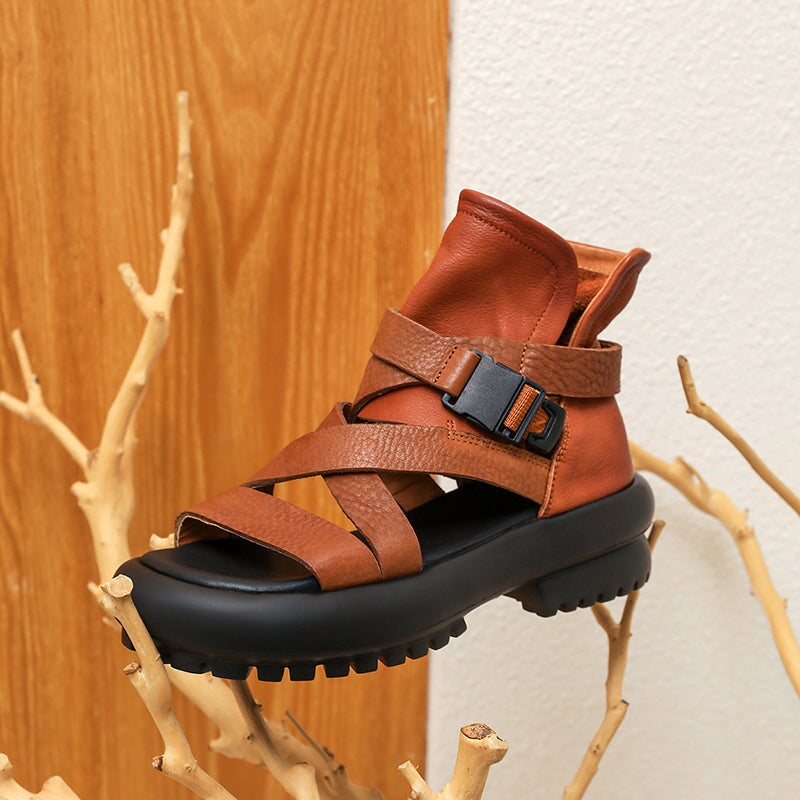 Leather Chunky Gladiator Sandals Boots Peep Toe in Black/Brown - Image 4