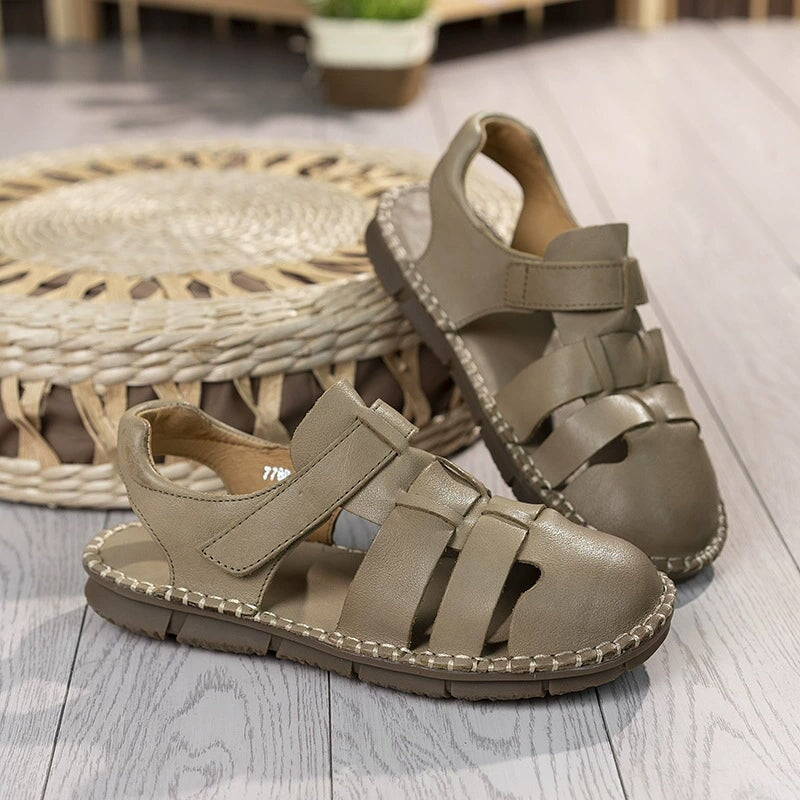 Genuine Leather Gladiator Sandals Summer Breathable Velcro Flat Shoes in Beige/Khaki/Coffee - Image 6