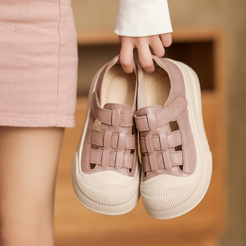 Platform Cow Leather Hollow-Out Roman Fisherman Sandals with Velcro in Beige/Yellow/Taro Color - Image 5