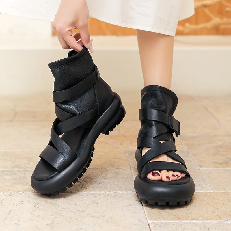 Leather Chunky Gladiator Sandals Boots Peep Toe in Black/Brown - Image 3